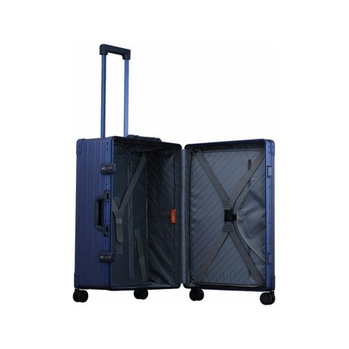 26 inch hard side suitcase in Blue with garment bag inside case open to show gramnet bag trunk style 2128