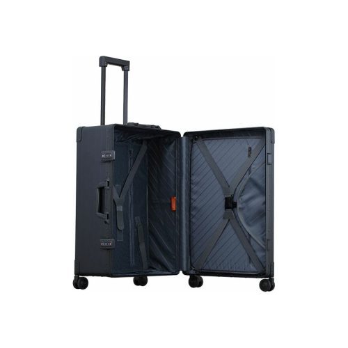 26 inch hard side suitcase in black with garment bag inside case open to show gramnet bag trunk style 2128